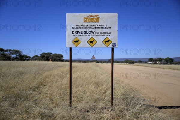 Sign at the entrance to the Field Conservation Centre and Reserve of the Cheetah Conservation Fund (CCF), Elandsvreugde Farm, near Otjiwarongo, Otjozondjupa Region, Namibia