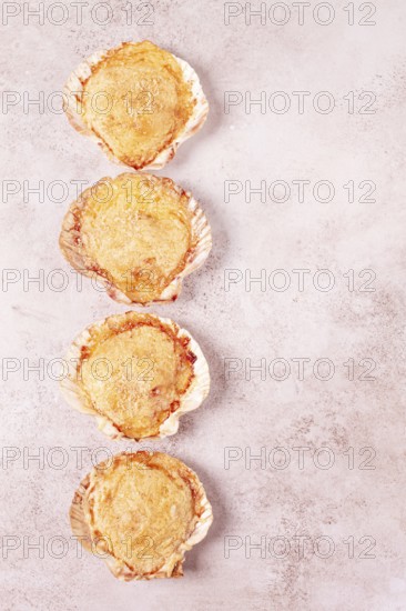 Scallop, baked in shells, with cheese and spices, on the table, homemade