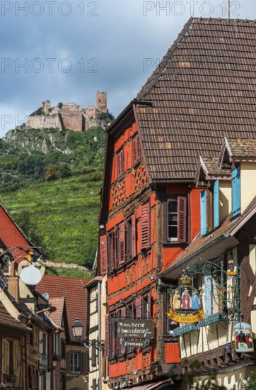 Historic town view with St Ulrich's Castle and half-timbered houses in Ribeauvillè