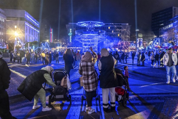 The 10th Essen Light Festival, in the city centre, second largest light art festival in Germany, light art on Kennedyplatz, Platz der Wünsche, light installation, with DJ sound, Essen, North Rhine-Westphalia, Germany