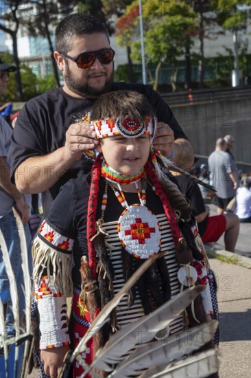 Detroit, Michigan USA - 13 October 2025 - On Indigenous People's Day, Native American tribes held a Pow Wow in downtown Detroit. The city of Detroit (originally Waawiyatanong) recognizes the day as Indigenous People's Day, while the federal government observes it only as Columbus Day
