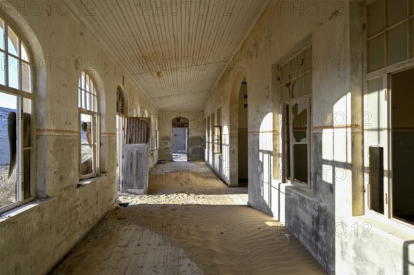 Former dwelling house full of sand, Kolmanskop, restricted diamond area, Karas region, Namibia