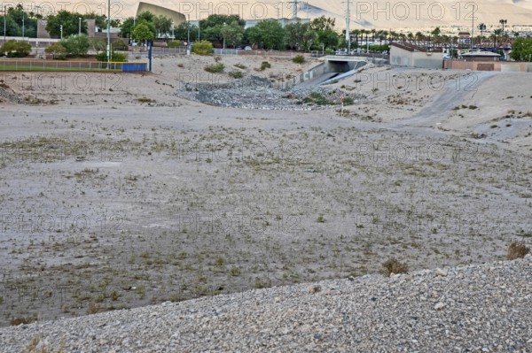 Las Vegas, Nevada - A water detention basin, one of about 100 built by the Clark County Regonal Flood Control District to temporarily collect stormwater, protecting neighborhoods from flooding