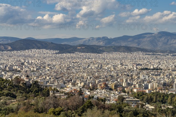 View from Philopappos Hill over the sea of houses in the Greek capital Athens, Greece
