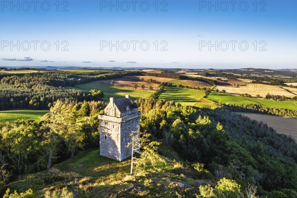 Fatlips Castle from a drone, Minto Crags, River Teviot, Roxburghshire, Scottish Borders, Scotland, UK