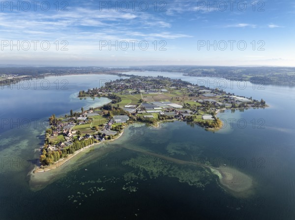 Aerial view of the north-western tip of the island of Reichenau in Lake Constance, with the district of Niederzell and the columned basilica of St Peter and Paul, Windegg Castle on the shore, district of Constance, Baden-Württemberg, Germany