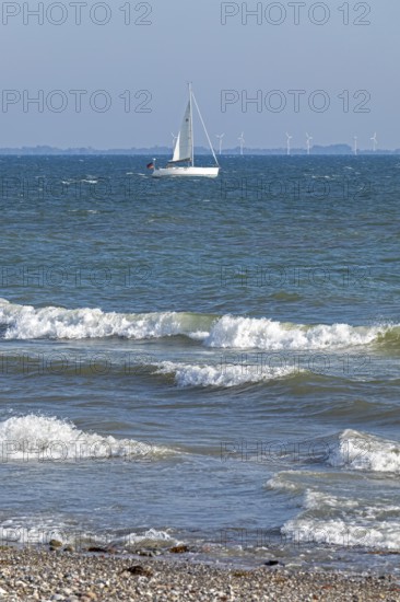 Sailboat, waves, swell, Baltic Sea, Geltinger Birk nature reserve, Nieby, Schleswig-Holstein, Germany