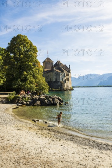 Bathing beach, Château de Chillon, Chillon Castle, near Montreux, Lake Geneva, Lac Léman, Canton Vaud, Switzerland