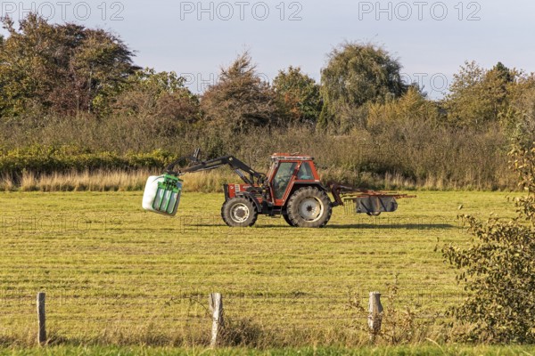 Tractor transporting bales of silage wrapped in film, Falshöft, Pommerby, Schleswig-Holstein, Germany