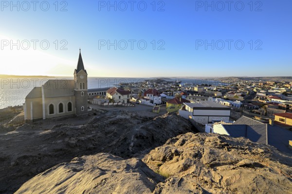 View of the rock church from 1912, blue hour, Lüderitz, Karas Region, Namibia
