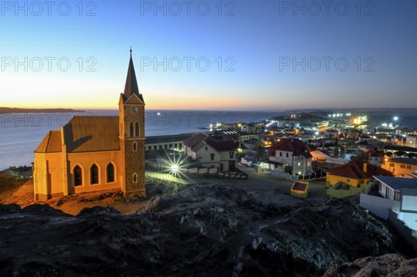View of the rock church from 1912, blue hour, Lüderitz, Karas Region, Namibia
