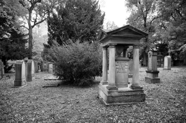 Gravestones, graves, black and white, Hoppenlauf Cemetery, oldest preserved cemetery in Stuttgart, autumn, autumnal, Baden-Württemberg, Germany
