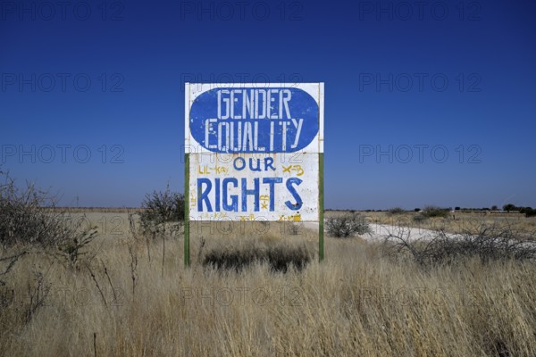 Gender Equality sign, Osire Refugee Settlement, refugee camp, Osire, Otjozondjupa region, Namibia