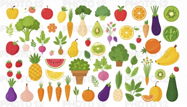 Spring and summer fruit and vegetable element set, vector illustration, AI generated