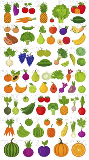 Spring and summer fruit and vegetable element set, vector illustration, AI generated