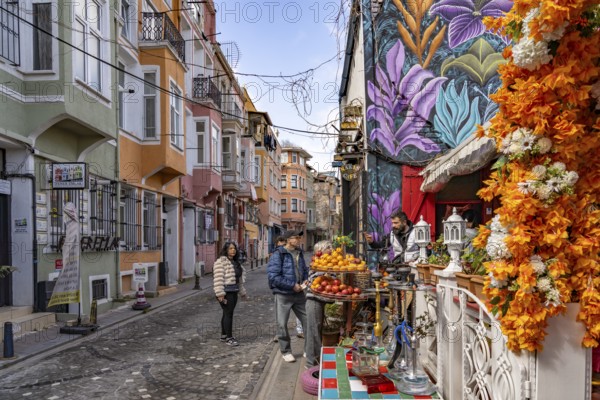 Cafe and shops in the colourful Balat district, Istanbul, Turkey