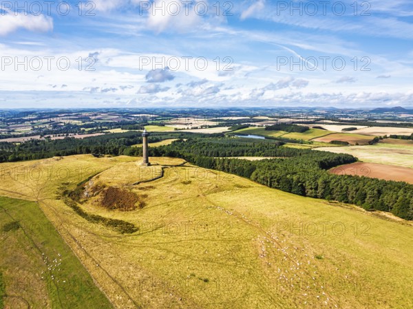 Waterloo Monument over Scottish fields and farms from a drone, Jedburgh, Scotland, UK