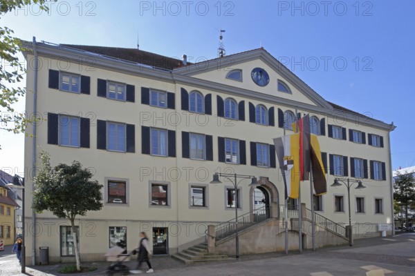 Town hall with German national flag, Baden-Württemberg state flag and town flag, Balingen, Swabian Alb, Baden-Württemberg, Germany