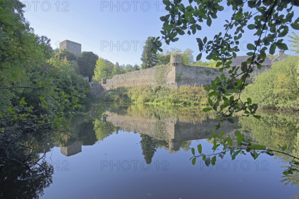 Hardtburg castle built 13th century with pond, reflection, moated castle, forest, Stotzheim, Euskirchen, Vordereifel, Eifel, North Rhine-Westphalia, Germany
