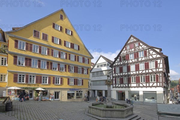 Yellow half-timbered house built in the 16th century, half-timbered houses and Georgsbrunnen, Holzmarkt, Tübingen, Neckartal, Baden-Württemberg, Germany