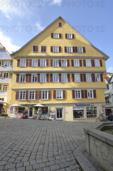 Yellow half-timbered house built in the 16th century, Holzmarkt, Tübingen, Neckar Valley, Baden-Württemberg, Germany