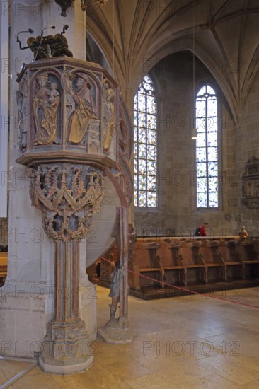 Gothic pulpit from 1509 with decorations, work of art, interior view, stonemasonry, stone, St George's, collegiate church, Tübingen, Neckar valley, Baden-Württemberg, Germany