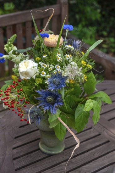 Summer bouquet of flowers on a garden table, Bavaria, Germany