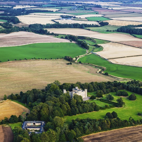 Wedderburn Castle and Barns over fields from a drone, Duns, Berwickshire, Scotland, UK