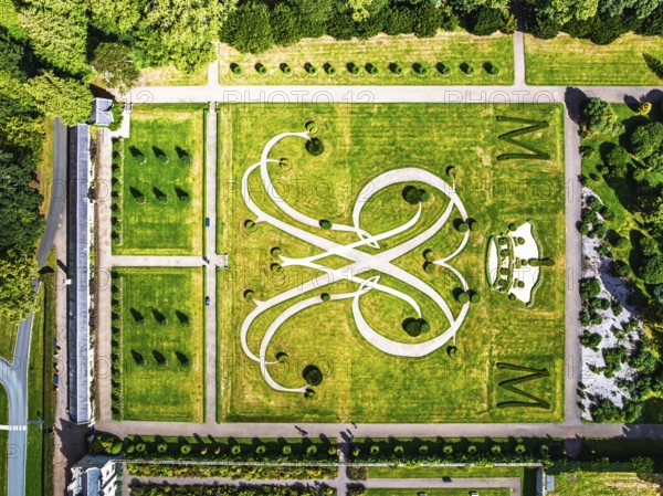 Top Down view over Gardens of Floors Castle from a drone, Duke of Roxburghe, Roxburghshire, Scotland, UK