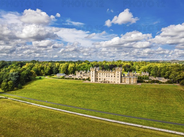 Floors Castle and garden from a drone, Duke of Roxburghe, Roxburghshire, Scotland, UK