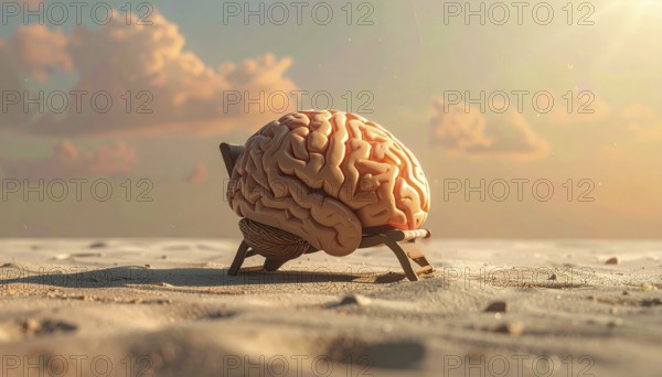 Brain relaxes on a sunbed under the summer sun, placed on a flat surface, symbol for mental health, AI generated