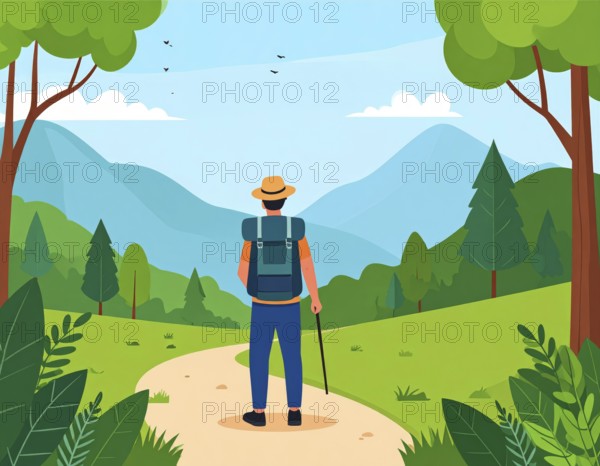 Traveling and hiking in mountain landscape, abstract vector illustration, AI generated image