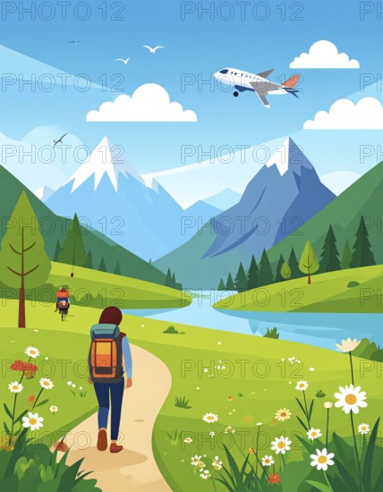 Traveling and hiking in mountain landscape, abstract vector illustration, AI generated image