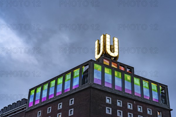 Dortmund landmark U, centre for art and creativity in the former Union Brewery at dusk, Dortmund, North Rhine-Westphalia, Germany