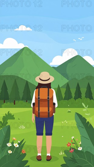 Traveling and hiking in mountain landscape, abstract vector illustration, AI generated image
