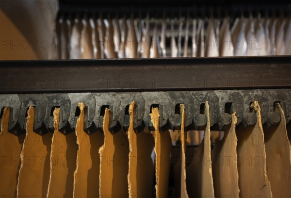 Cardboard hung up to dry, drying plant, factory hall, former paper factory and mill for the production of groundwood pulp board, UNESCO World Heritage Site Verla Factory Village, Maailmanperintökohde Verlan puuhiomo ja pahvitehdas, Verla Rapids, Kymenlaakso, near Kouvola, Finland