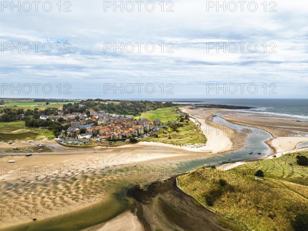 Alnmouth and River Aln Estuary from drone, Alnwick, Northumberland, England, United Kingdom