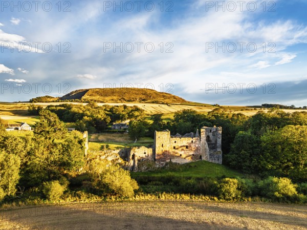 Ruins of Hailes Castle over River Tyne from a drone, East Linton, East Lothian, Scotland, UK