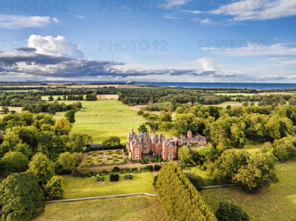 Tyninghame House over River Tyne from a drone, East Lothian, Scotland, UK