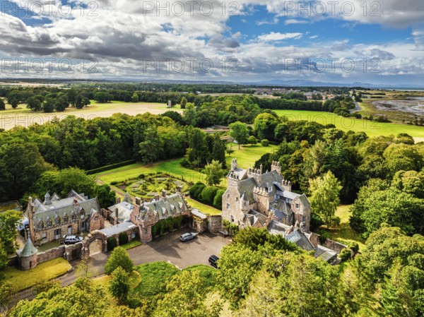 Luffness Castle from a drone, Aberlady, East Lothian, Scotland, UK