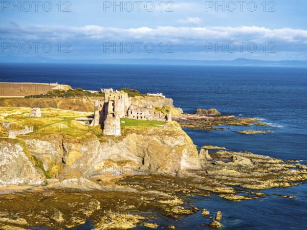 Ruins of Tantallon Castle from a drone, North Berwick, East Lothian, Scotland, UK