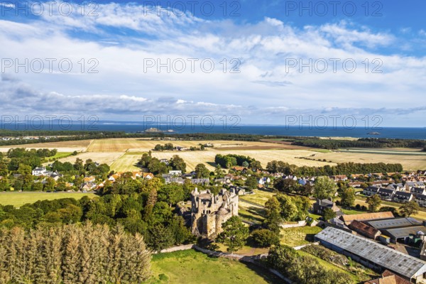 Ruins of Dirleton Castle & Gardens from a drone, Dirleton, East Lothian, Scotland, UK