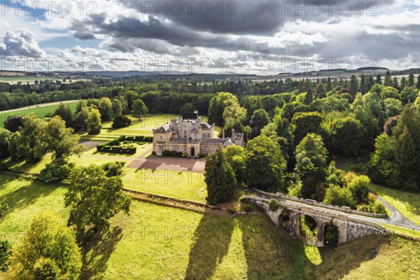 Oxenfoord Castle from a drone, Midlothian, Scotland, UK