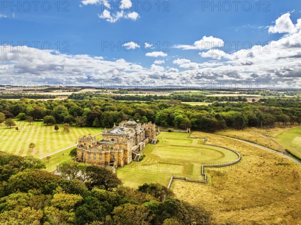 View of Gosford House from a drone, Longniddry, East Lothian, Scotland, UK
