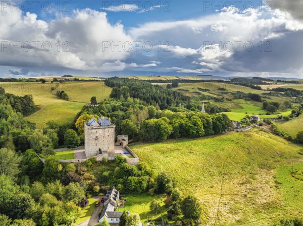 Borthwick Castle from a drone, Midlothian, Scotland, UK