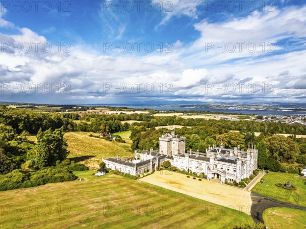 Dundas Castle over South Queensferry from a drone, Edinburgh, Scotland, UK