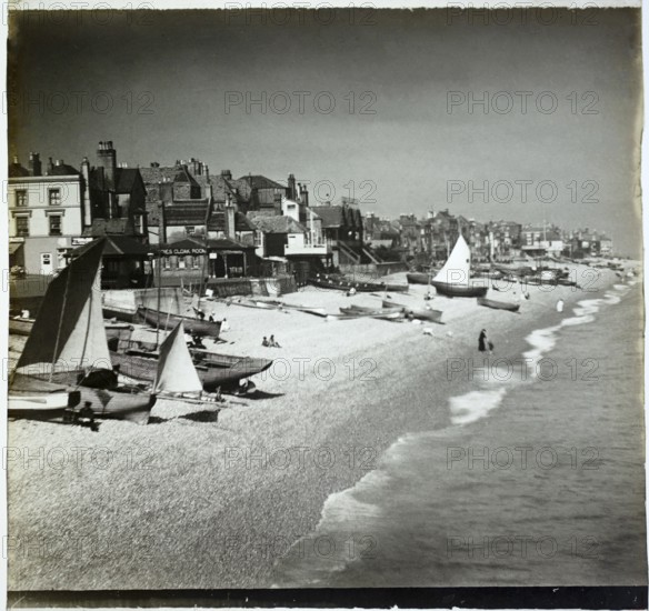 Vintage photograph of beach with fishing boats and people at Deal, Kent, England, UK c 1890s - 1900