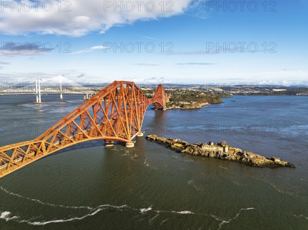 Inch Garvie Castle from a drone, Forth Bridge, Queensferry Crossing, Forth Estuary, Scotland, United Kingdom