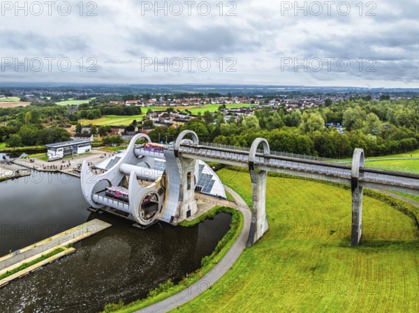 Filkirk Wheel from a drone, Forth and Clyde Canal, Falkirk, Scotland, UK