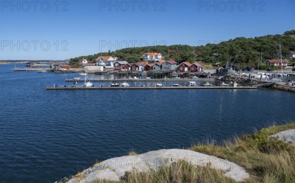 Harbour with boats and boathouses, Resö Island, Bohuslän, Skagerrak, Sotenäs, Västra Götalands län, Sweden